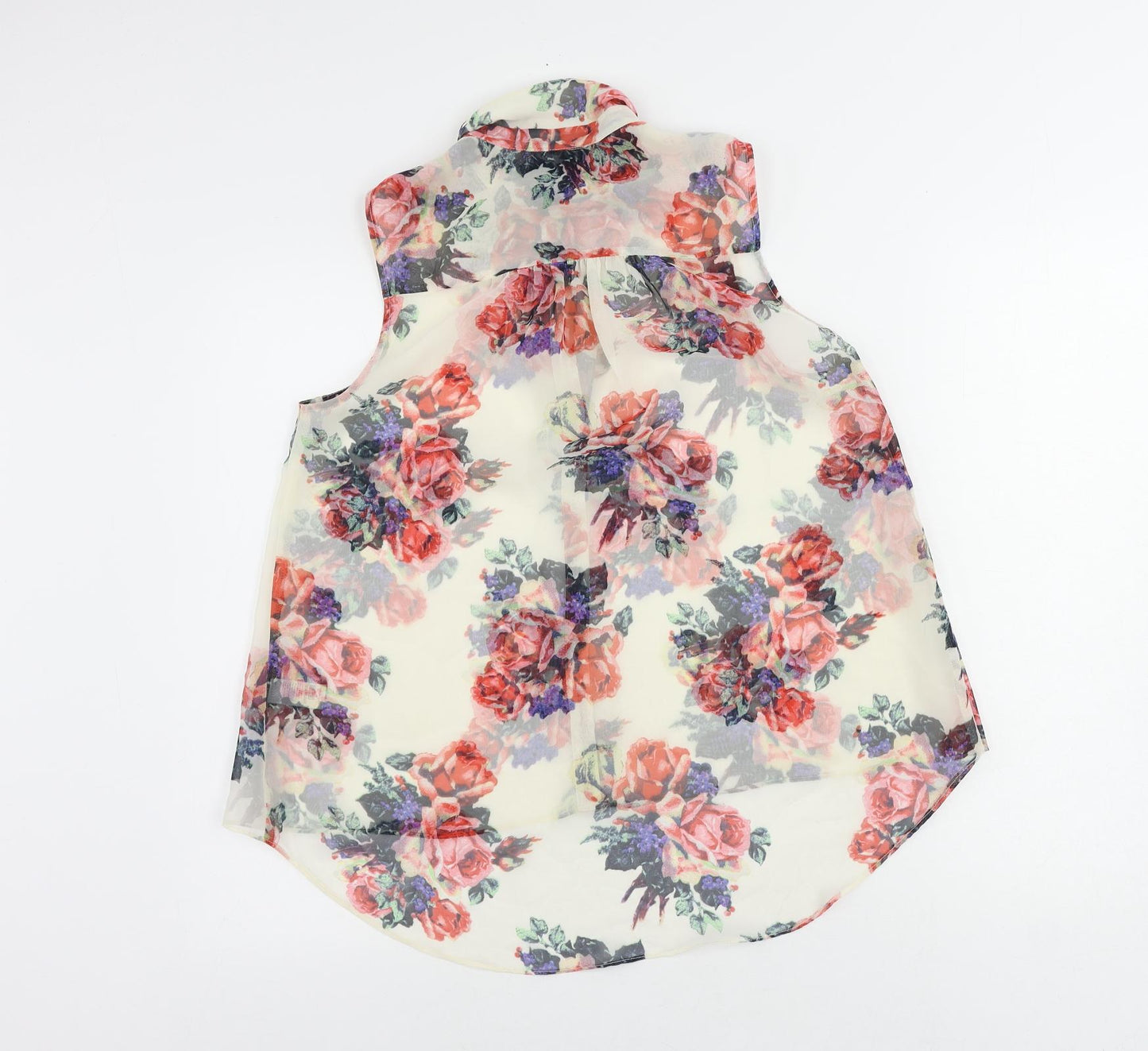 Topshop Womens Ivory Floral Polyester Basic Button-Up Size 10 Collared - Sheer
