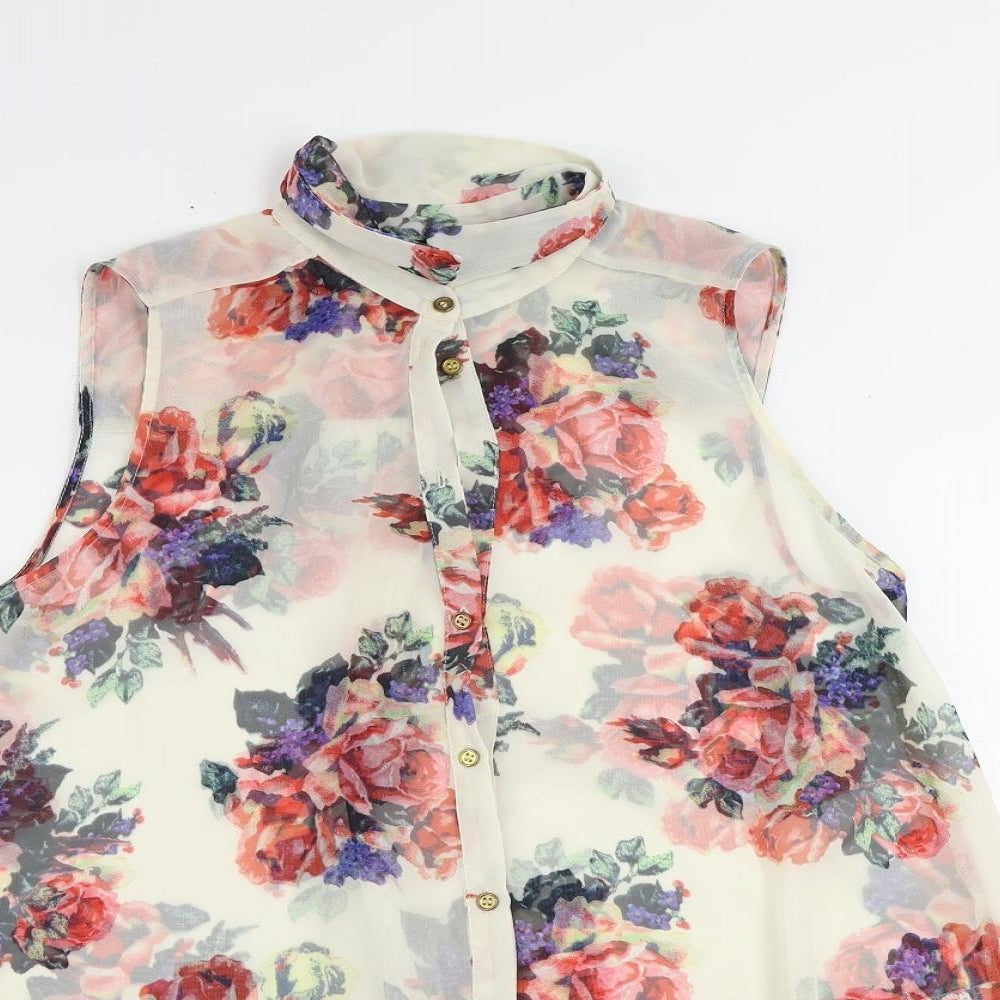 Topshop Womens Ivory Floral Polyester Basic Button-Up Size 10 Collared - Sheer