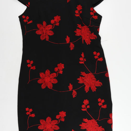 Smashed Lemon Womens Black Floral Viscose Pencil Dress Size 16 Boat Neck Zip - Embroidered
