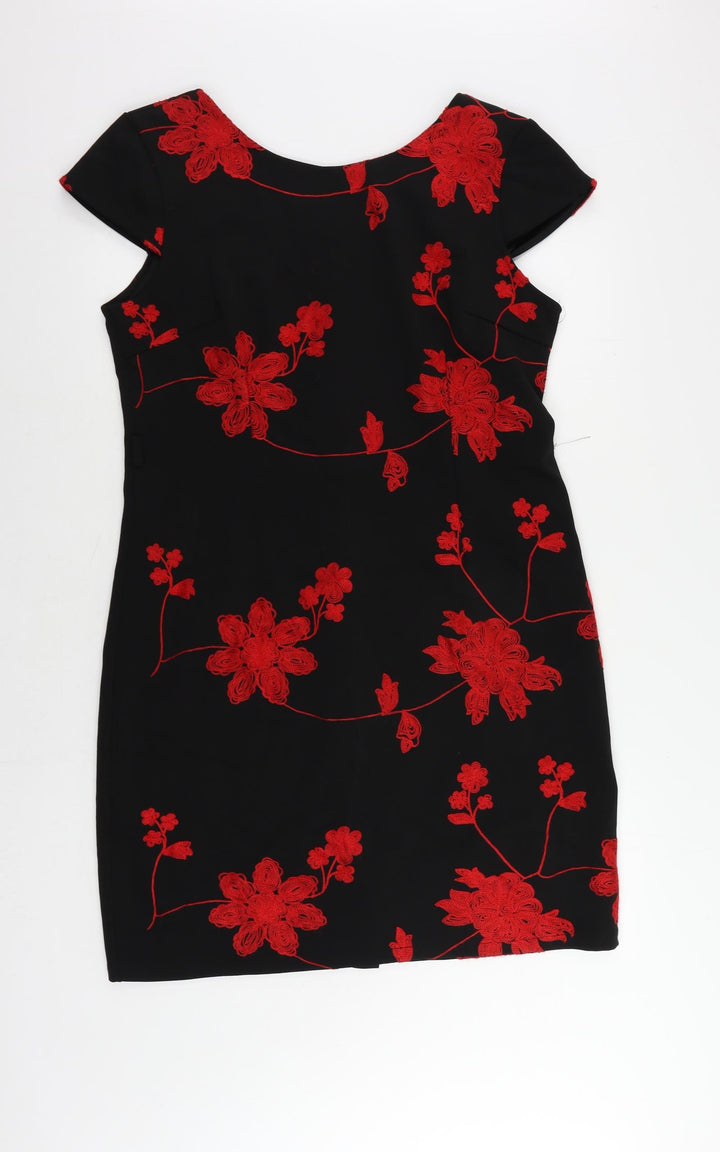 Smashed Lemon Womens Black Floral Viscose Pencil Dress Size 16 Boat Neck Zip - Embroidered
