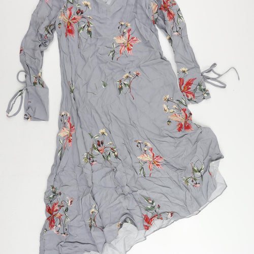 Modern Rarity Womens Grey Floral Viscose A-Line Size 8 V-Neck - Asymmetric