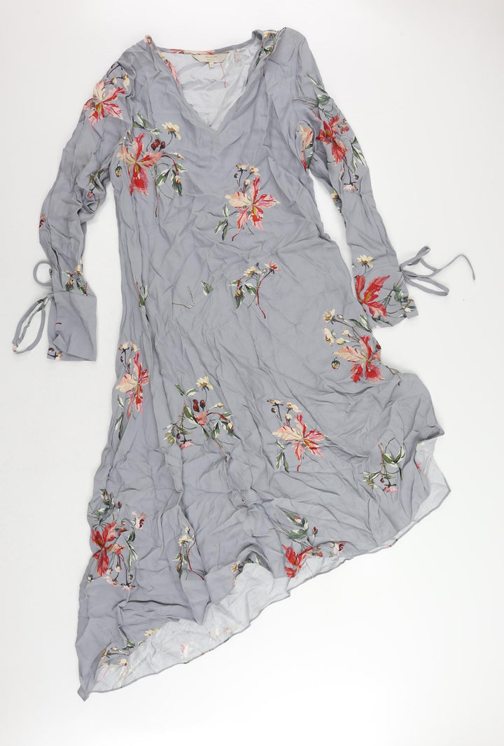 Modern Rarity Womens Grey Floral Viscose A-Line Size 8 V-Neck - Asymmetric