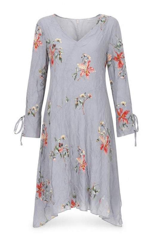 Front view of Modern Rarity women’s grey floral viscose a-line, size UK 8, v-neck - asymmetric