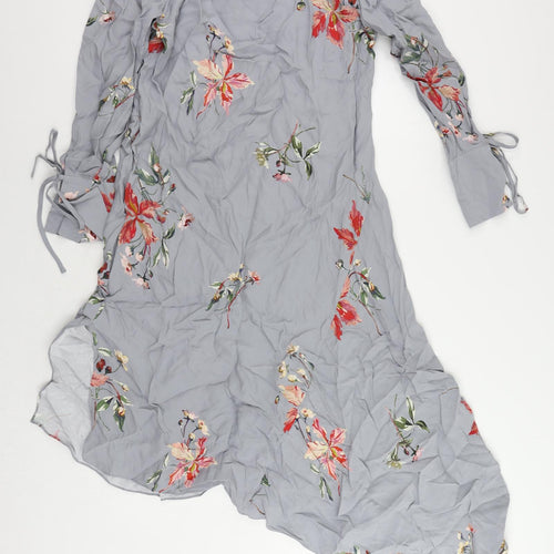 Modern Rarity Womens Grey Floral Viscose A-Line Size 8 V-Neck - Asymmetric