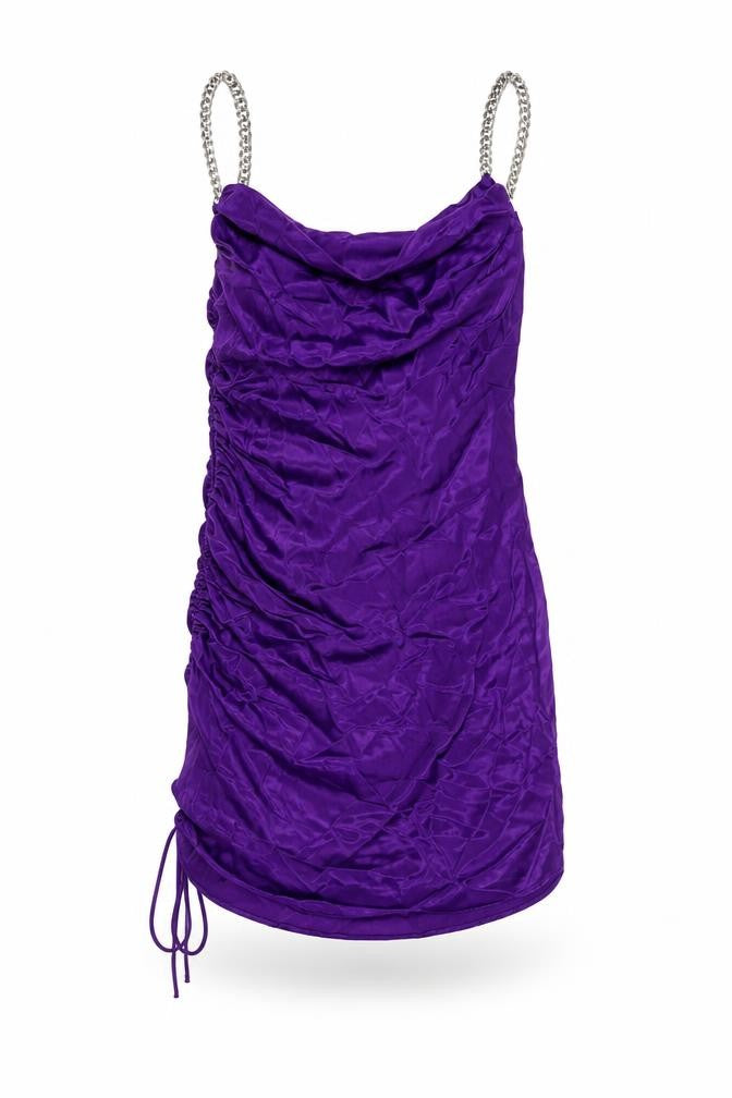 Front view of Zara women’s purple viscose mini, size XS, cowl neck pullover - chain straps