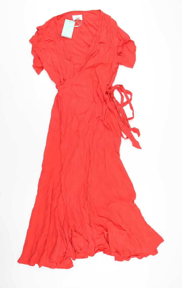 Jovonna Womens Red Polyester Wrap Dress Size 14 V-Neck Tie