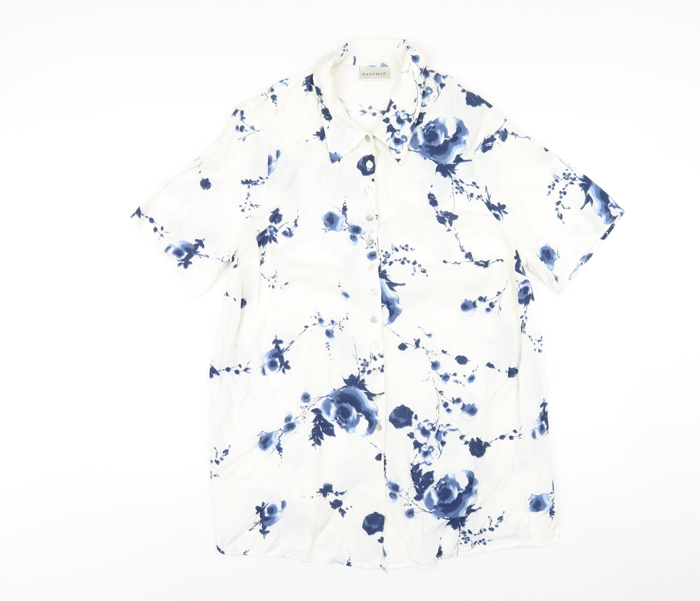 essence Womens White Floral Viscose Basic Button-Up Size 16 Collared
