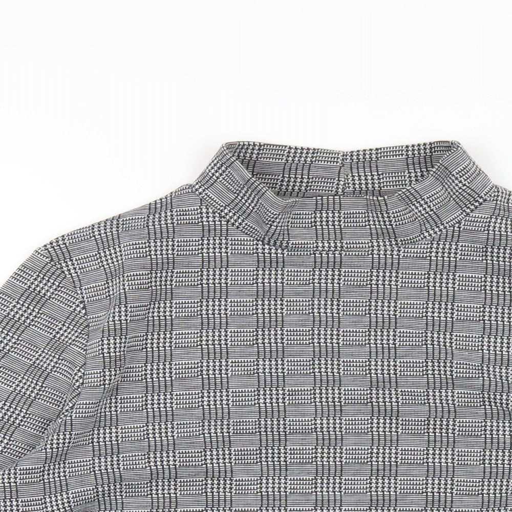 Boohoo Womens Grey Plaid Polyester Basic T-Shirt Size 10 Mock Neck