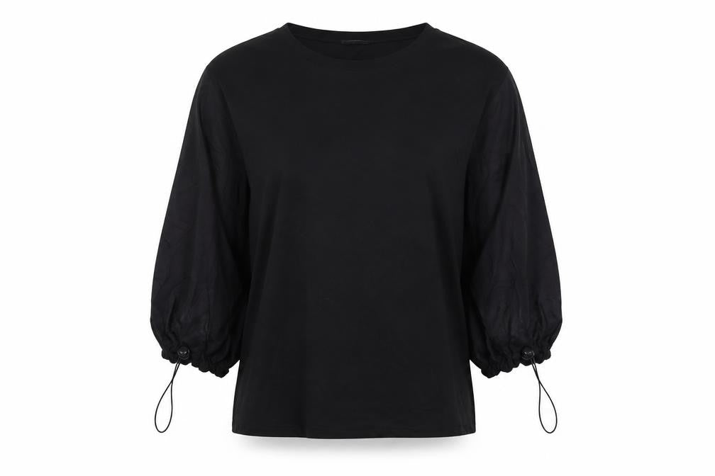 Front view of Warehouse women’s black cotton basic t-shirt, size M, round neck