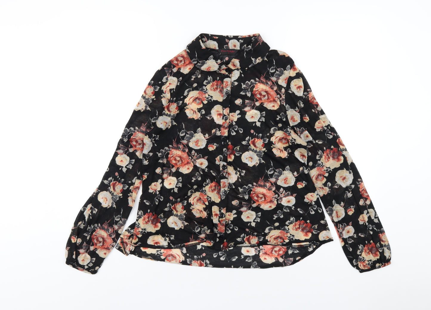 Miss Selfridge Womens Black Floral Polyester Basic Button-Up Size 14 Collared