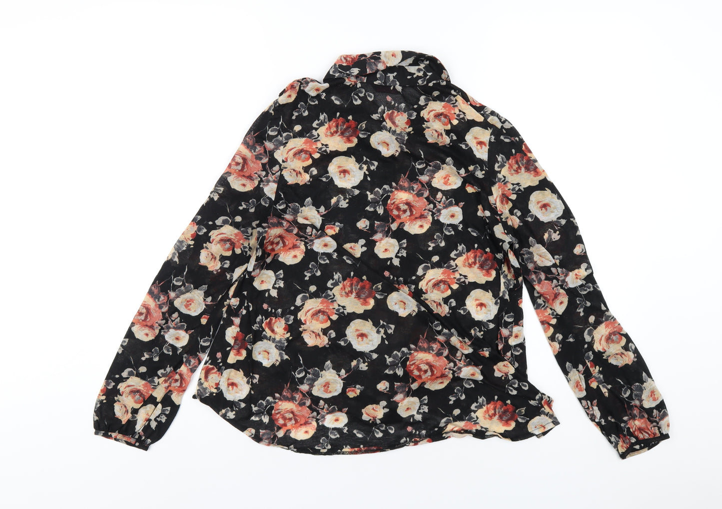 Miss Selfridge Womens Black Floral Polyester Basic Button-Up Size 14 Collared