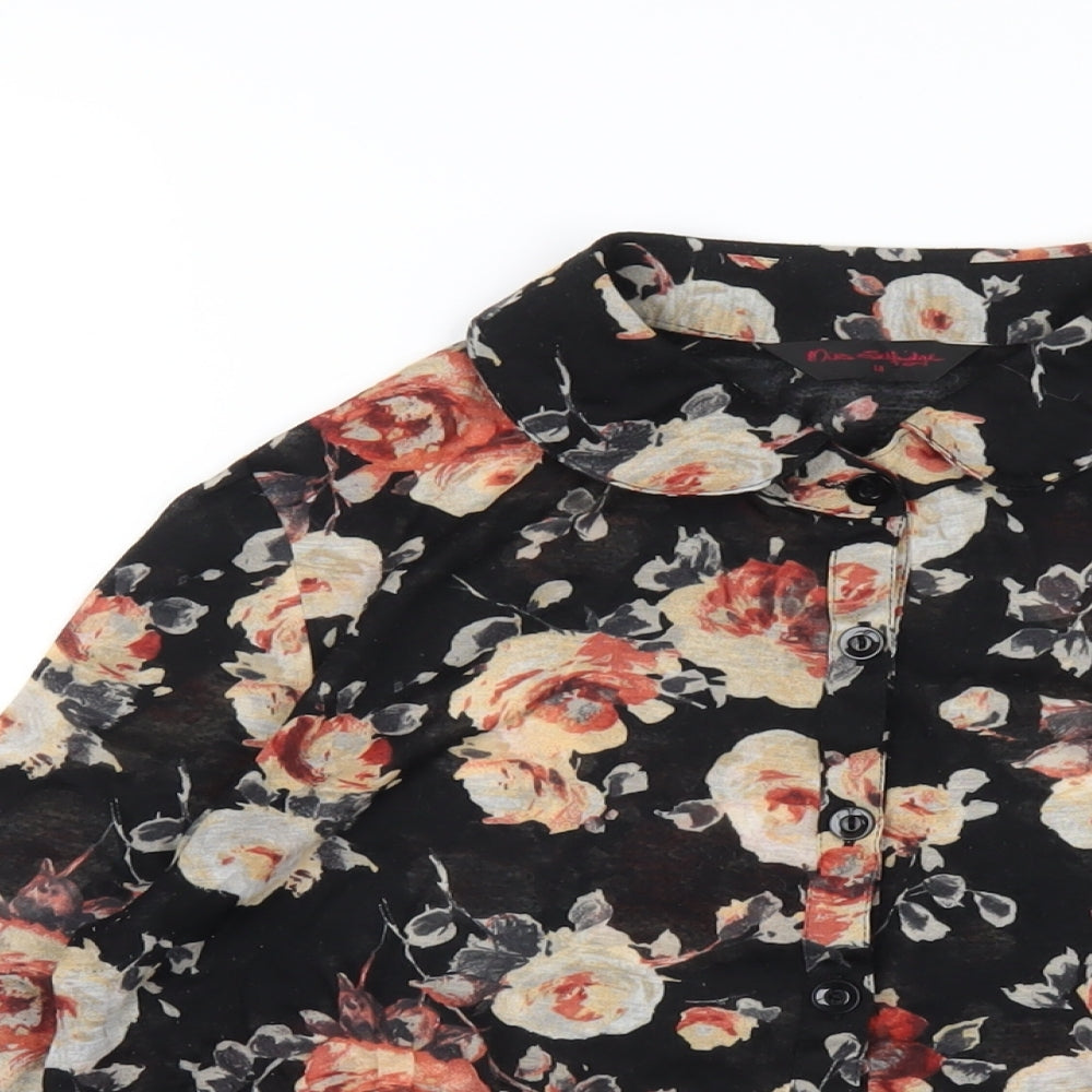 Miss Selfridge Womens Black Floral Polyester Basic Button-Up Size 14 Collared