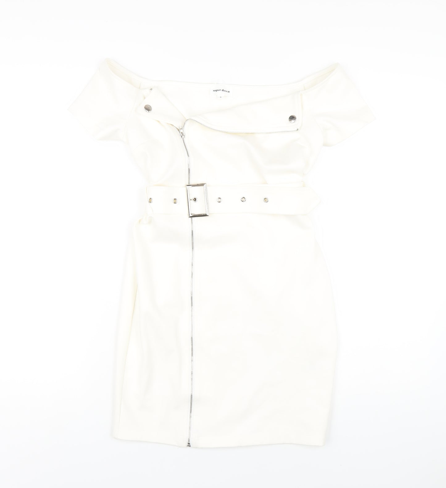Super Down Womens White Viscose Mini Size S Off the Shoulder Zip
