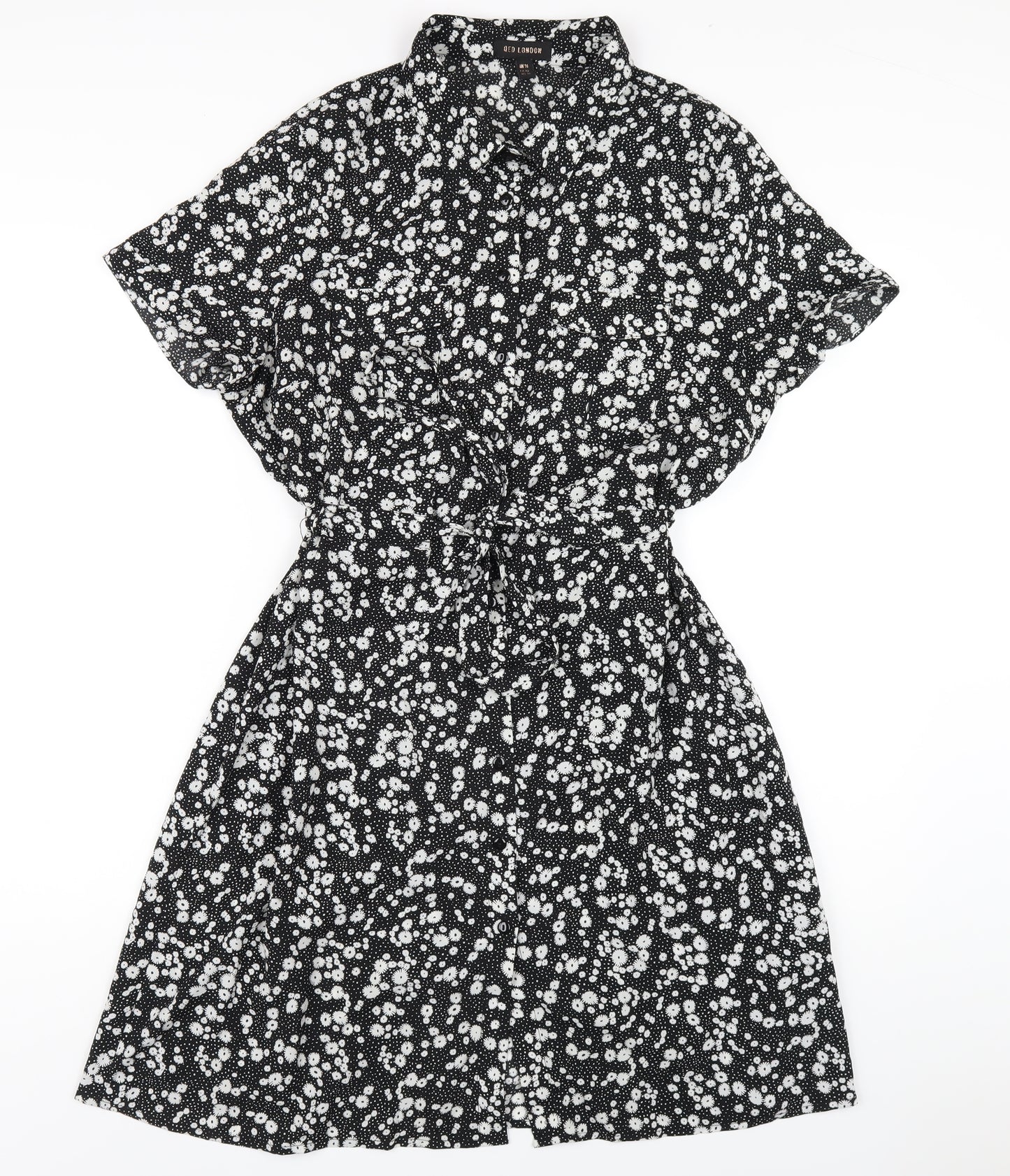 QED London Womens Black Floral Polyester Shirt Dress Size 14 Collared Button