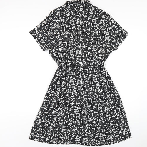 QED London Womens Black Floral Polyester Shirt Dress Size 14 Collared Button