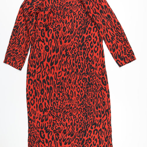 Zara Womens Red Animal Print Polyester A-Line Size S Round Neck Zip