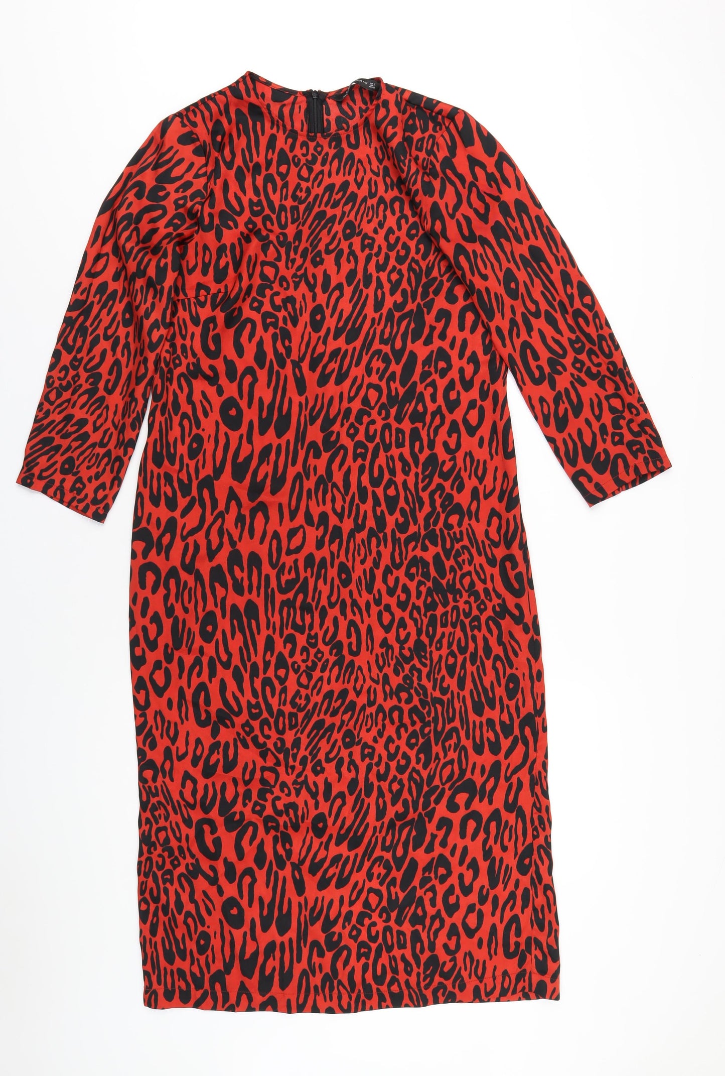 Zara Womens Red Animal Print Polyester A-Line Size S Round Neck Zip