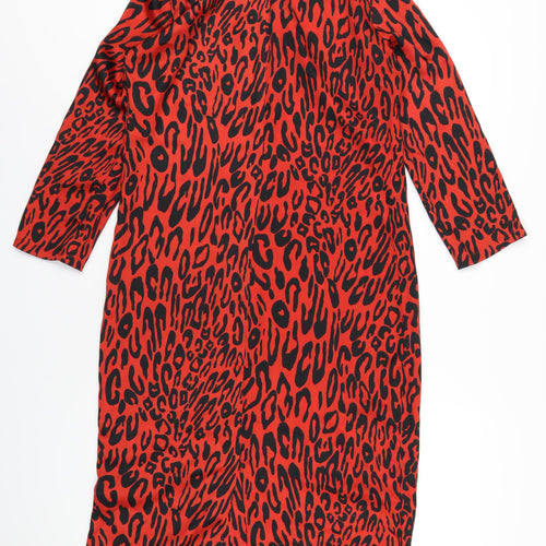 Zara Womens Red Animal Print Polyester A-Line Size S Round Neck Zip