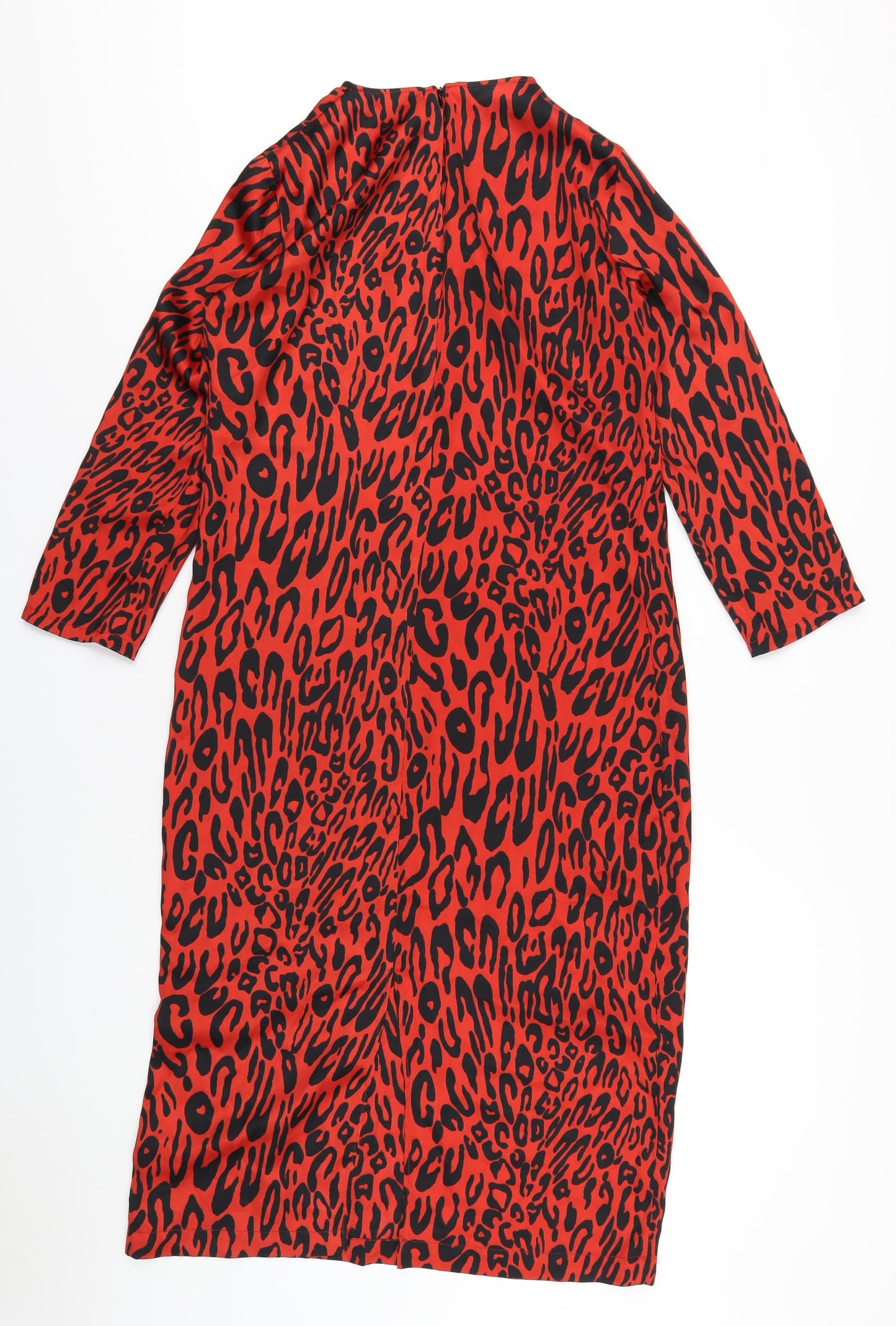 Zara Womens Red Animal Print Polyester A-Line Size S Round Neck Zip