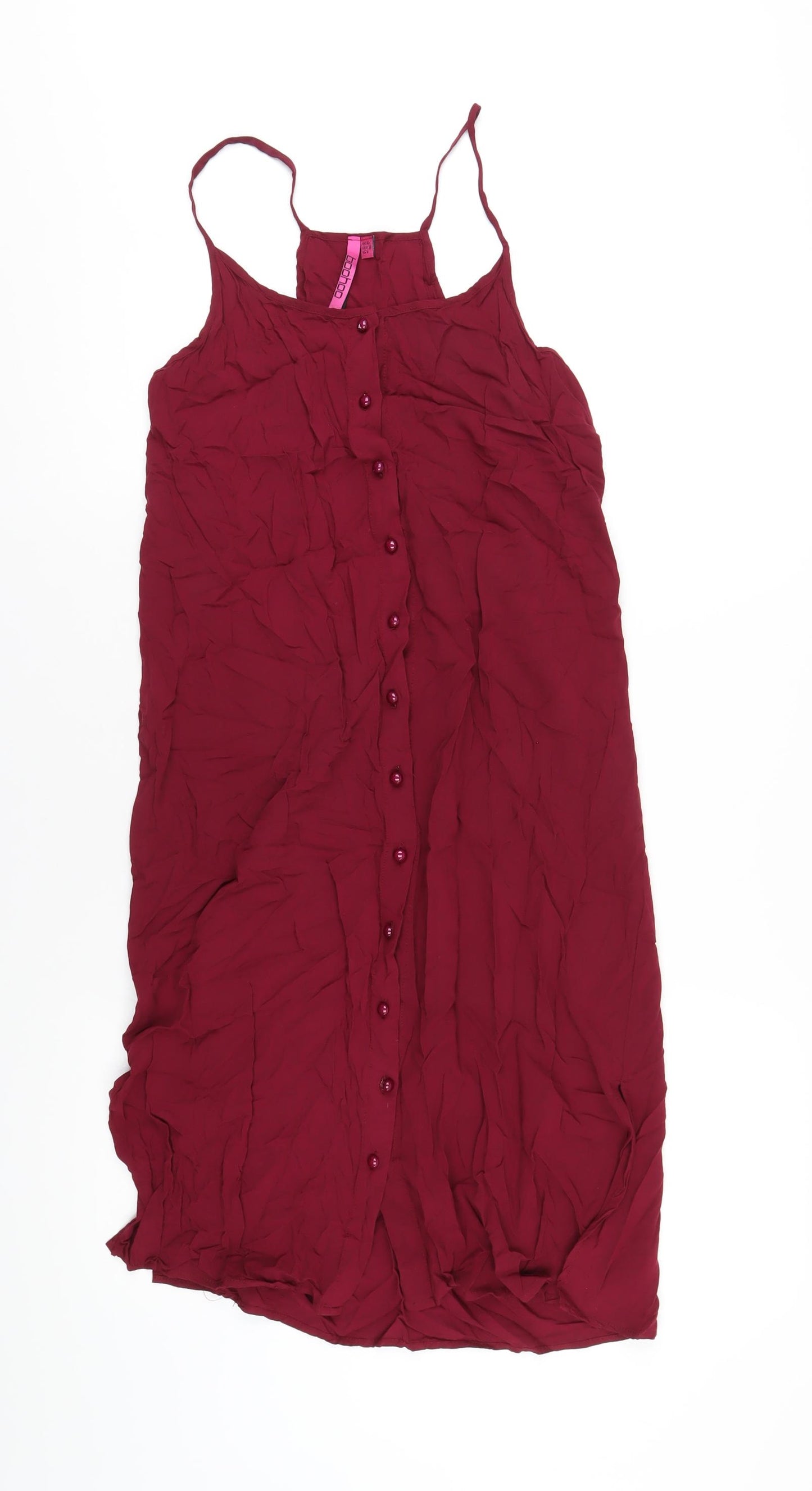Boohoo Womens Red Viscose A-Line Size 10 Scoop Neck Button
