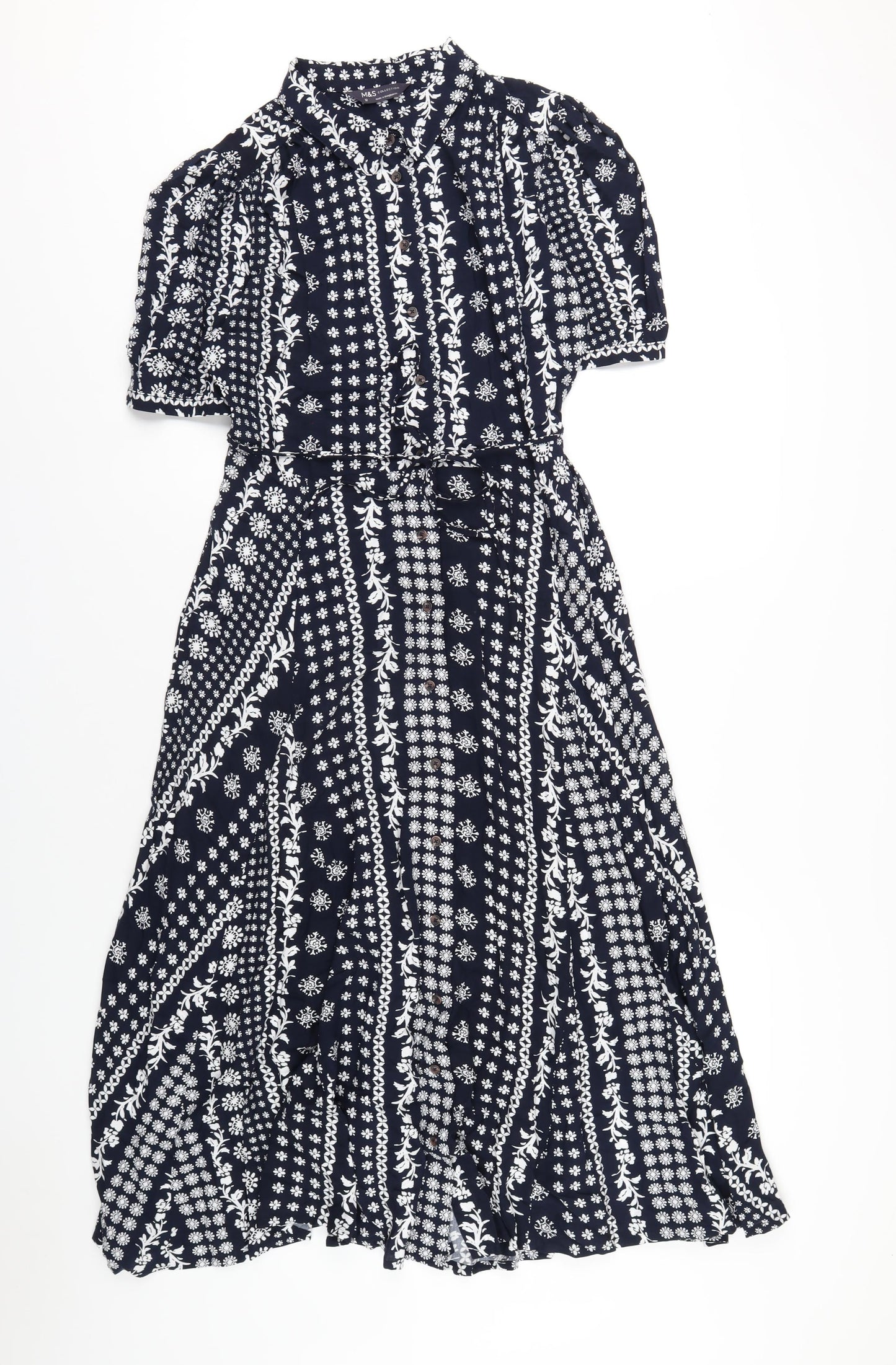 Marks and Spencer Womens Blue Geometric Viscose Shirt Dress Size 12 Collared Button