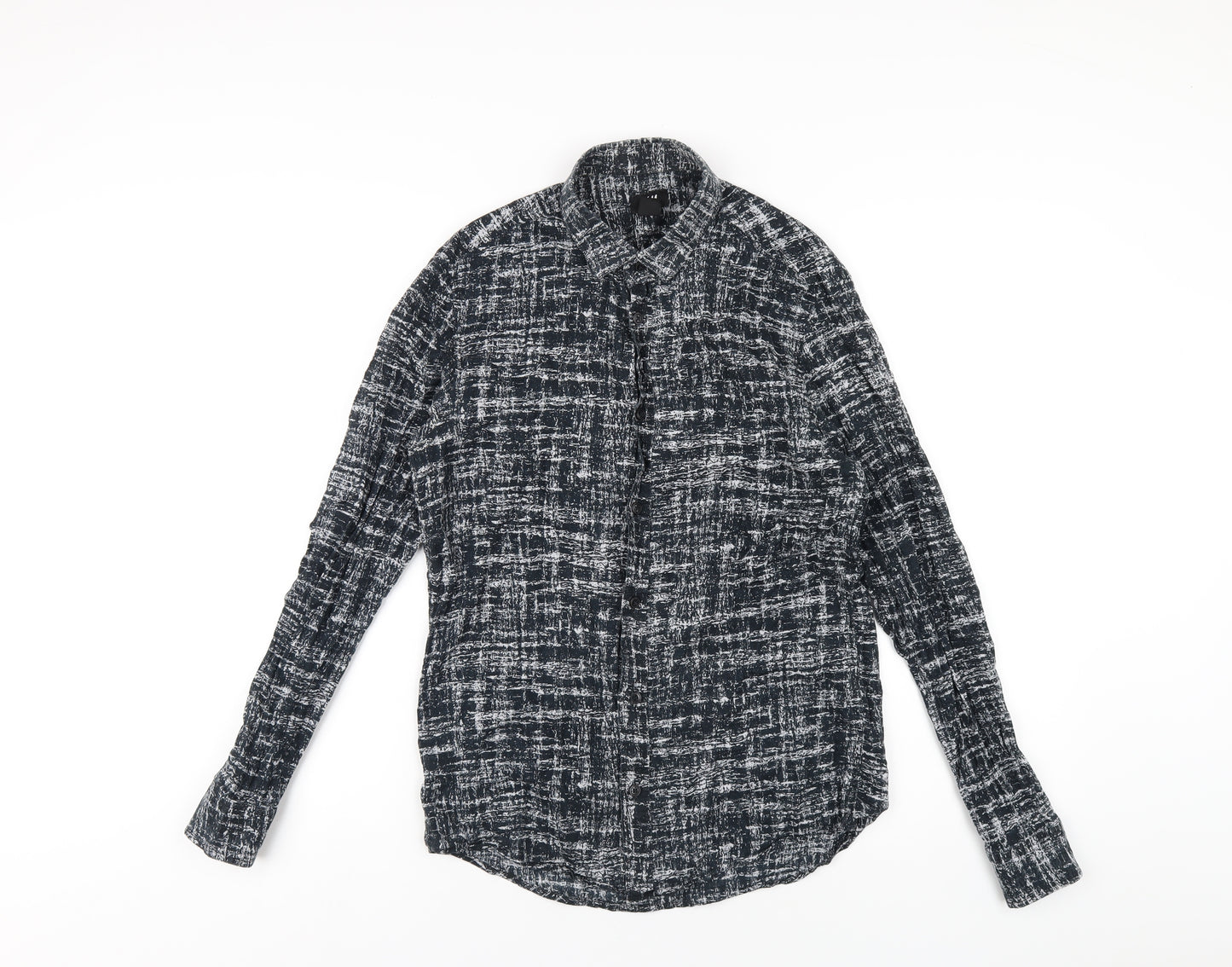 H&M Womens Black Geometric Cotton Basic Button-Up Size S Collared