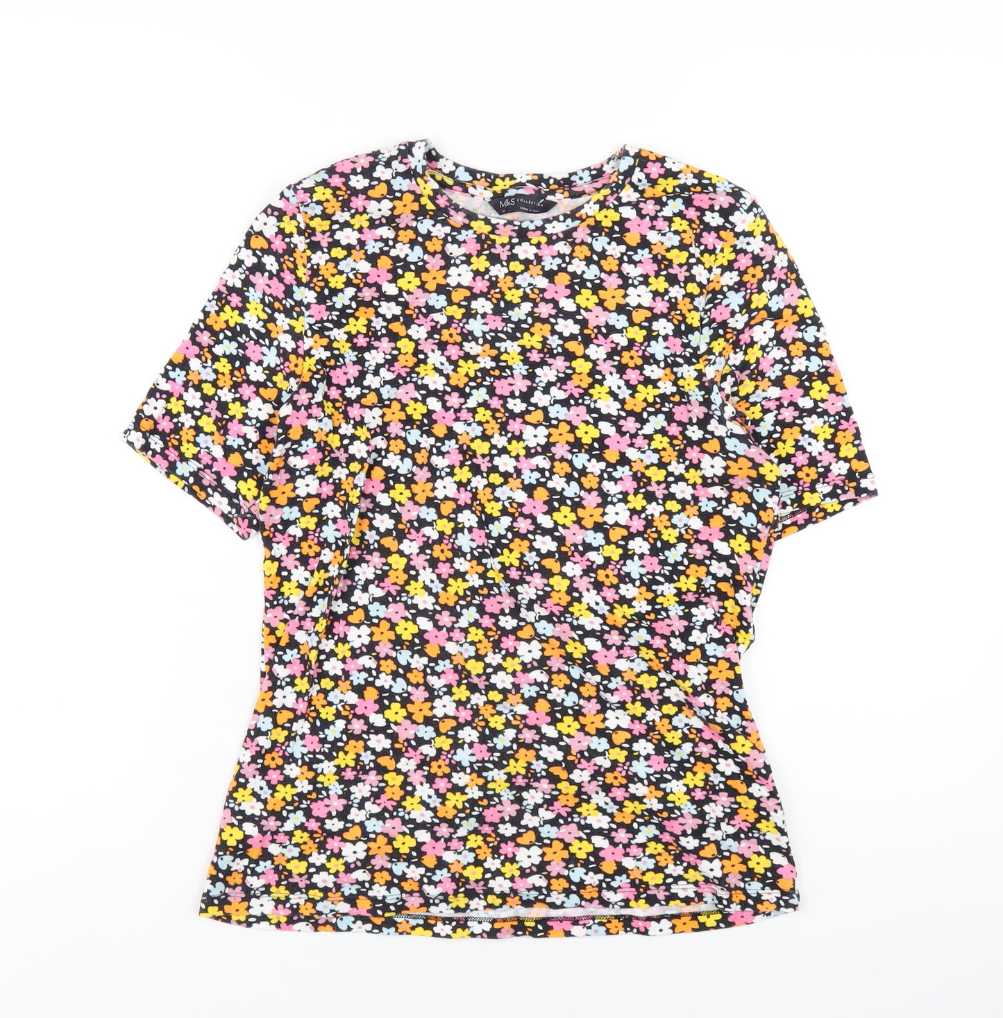 Marks and Spencer Womens Multicoloured Floral Cotton Basic T-Shirt Size 16 Round Neck