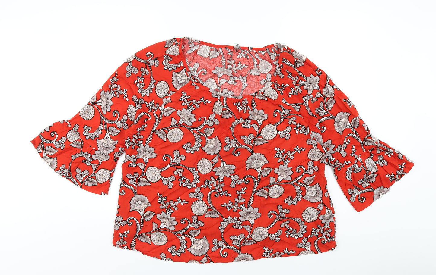 M&Co Womens Red Floral Viscose Basic T-Shirt Size 18 Round Neck