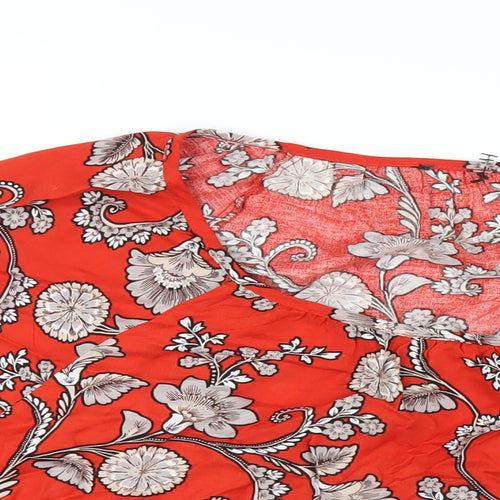 M&Co Womens Red Floral Viscose Basic T-Shirt Size 18 Round Neck