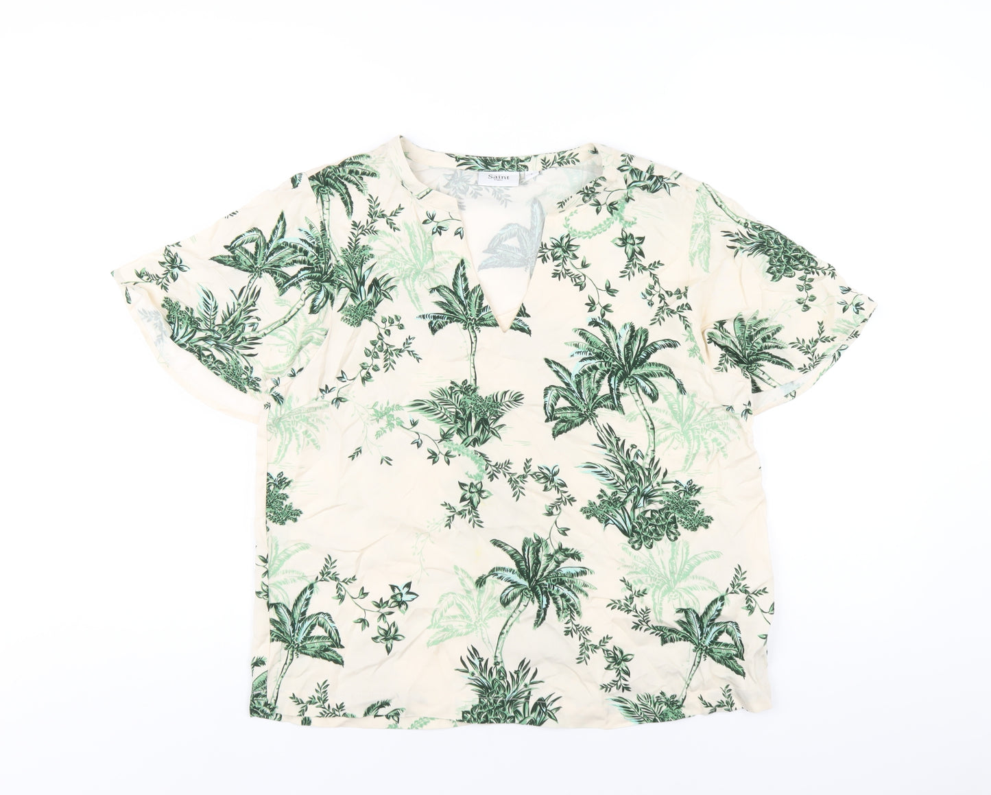 Saint Tropez Clothing Womens Ivory Floral Viscose Basic T-Shirt Size S V-Neck