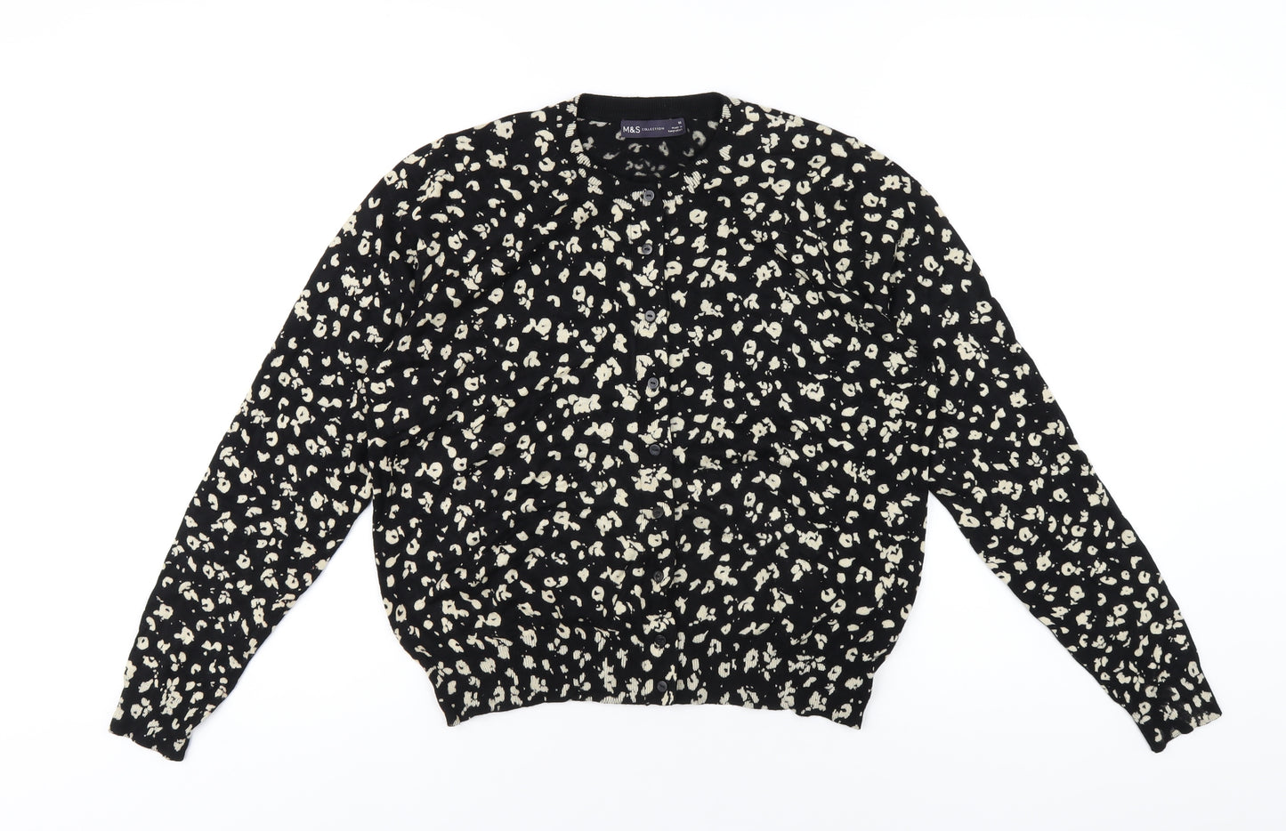 Marks and Spencer Womens Black Round Neck Geometric Viscose Cardigan Jumper Size 16