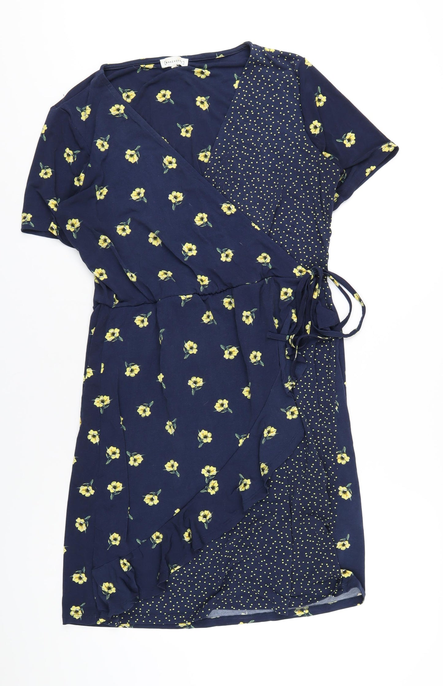 Warehouse Womens Blue Floral Polyester Wrap Dress Size 16 V-Neck Pullover