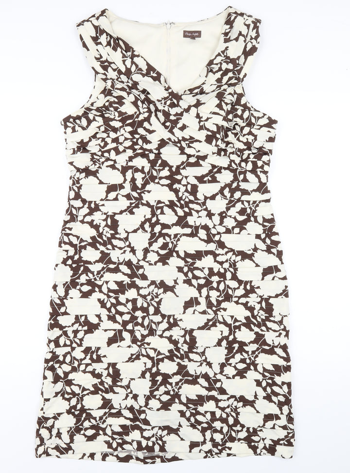 Phase Eight Womens Brown Floral Polyester Pencil Dress Size 16 V-Neck Zip