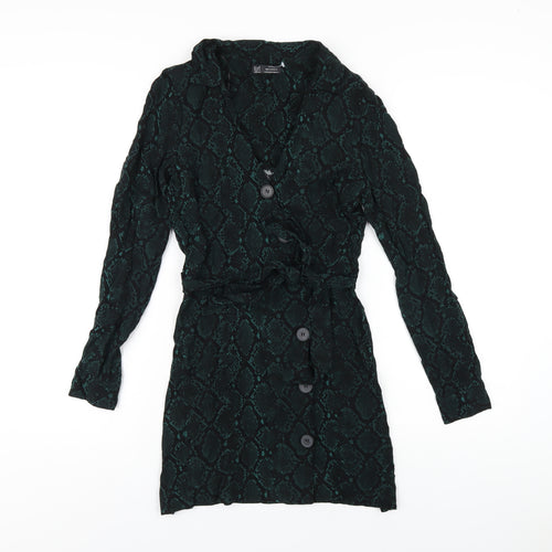 Zara Womens Green Animal Print Viscose Shirt Dress Size XS Collared Button - Snake Print