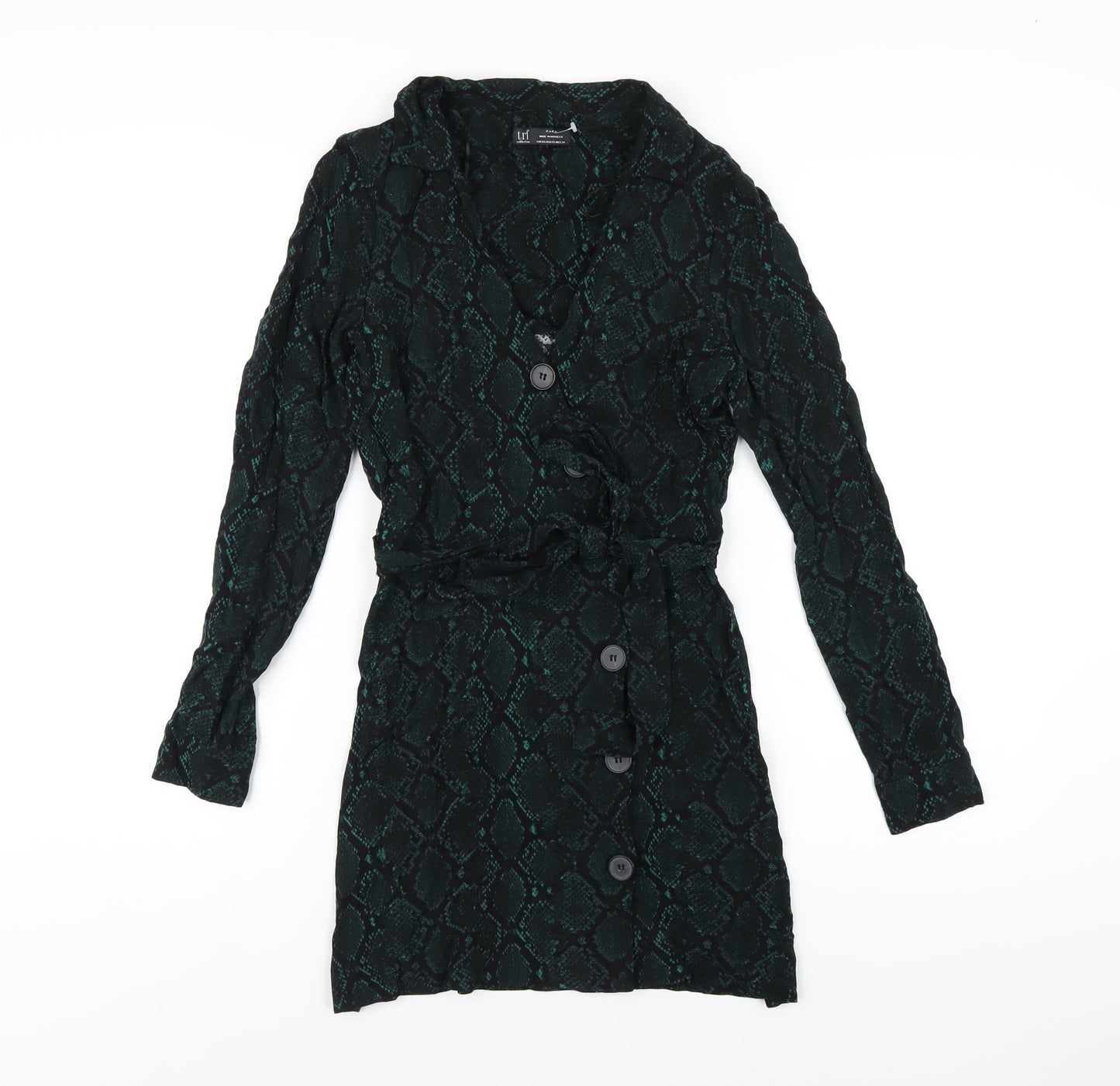 Zara Womens Green Animal Print Viscose Shirt Dress Size XS Collared Button - Snake Print