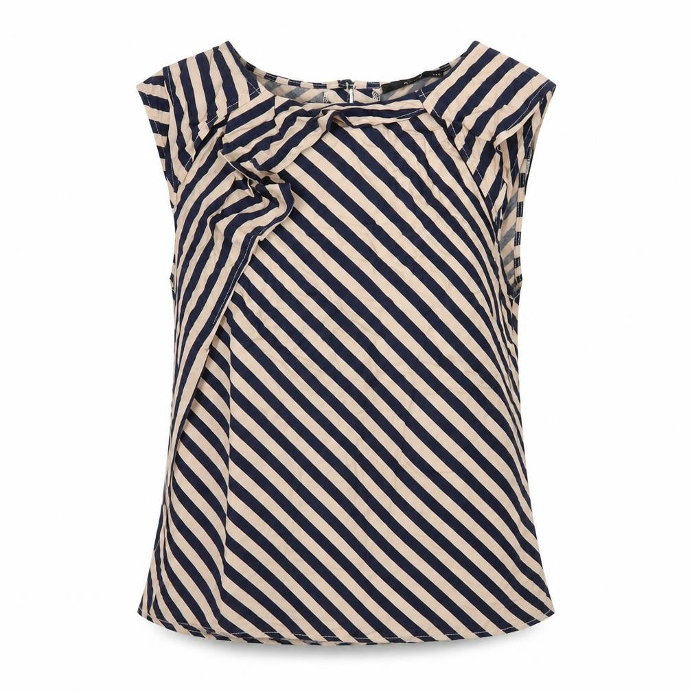 Front view of Oasis women’s beige striped viscose basic t-shirt, size UK 8, round neck