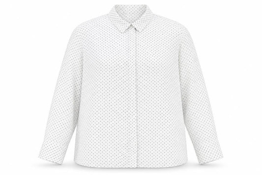 Front view of Classics women’s white polka dot polyester basic button-up, size UK 24, collared