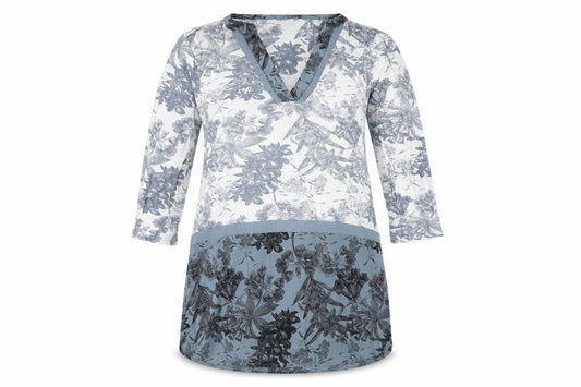 Front view of Next women’s blue geometric viscose a-line, size UK 14, v-neck pullover