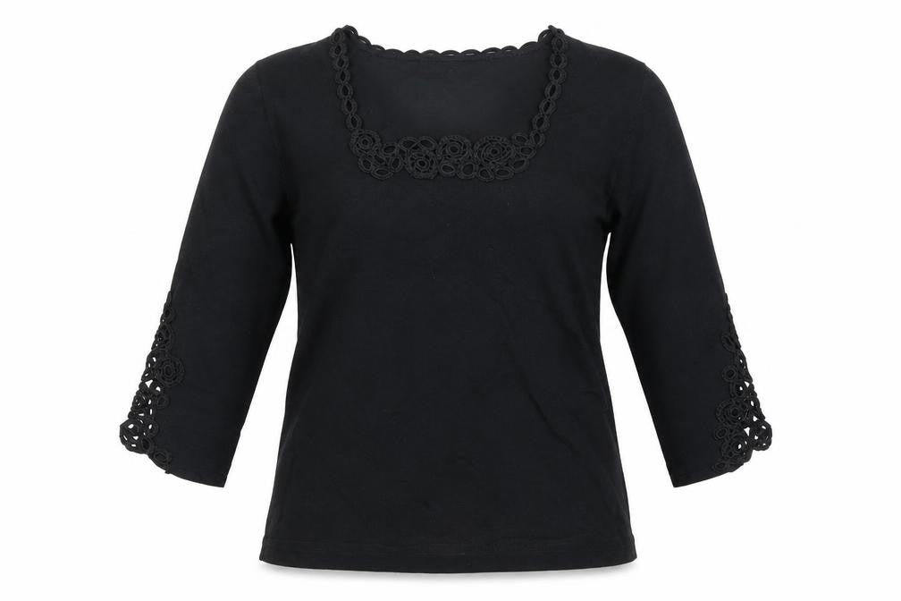 Front view of Alex & Co women’s black viscose basic t-shirt, size UK 10, square neck