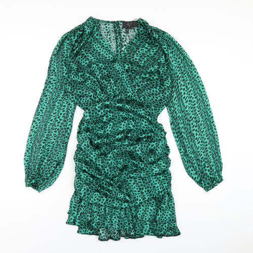 AX Paris Womens Green Geometric Polyester Mini Size 8 V-Neck Zip