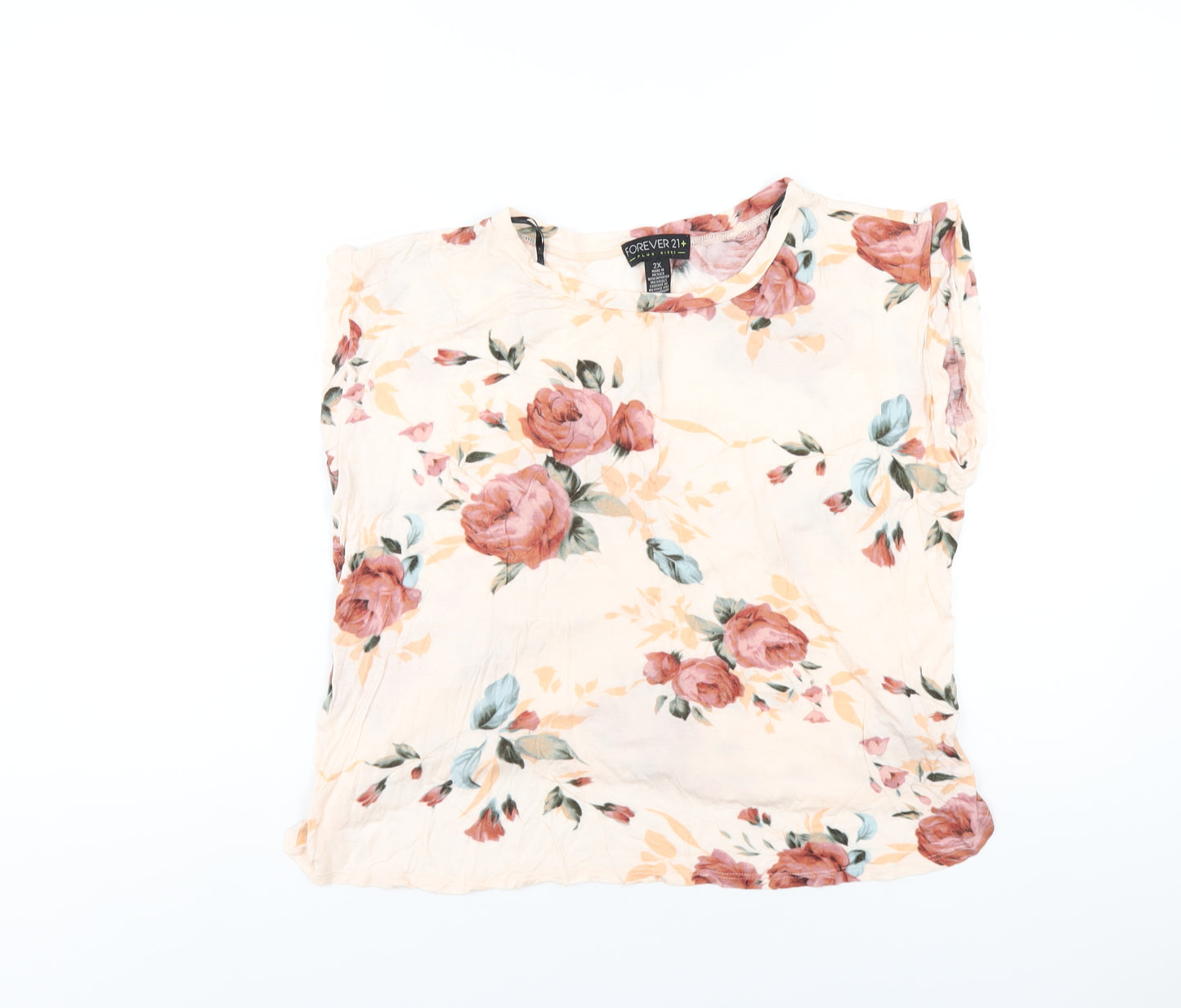 FOREVER 21 Womens Pink Floral Viscose Basic T-Shirt Size 2XL Round Neck