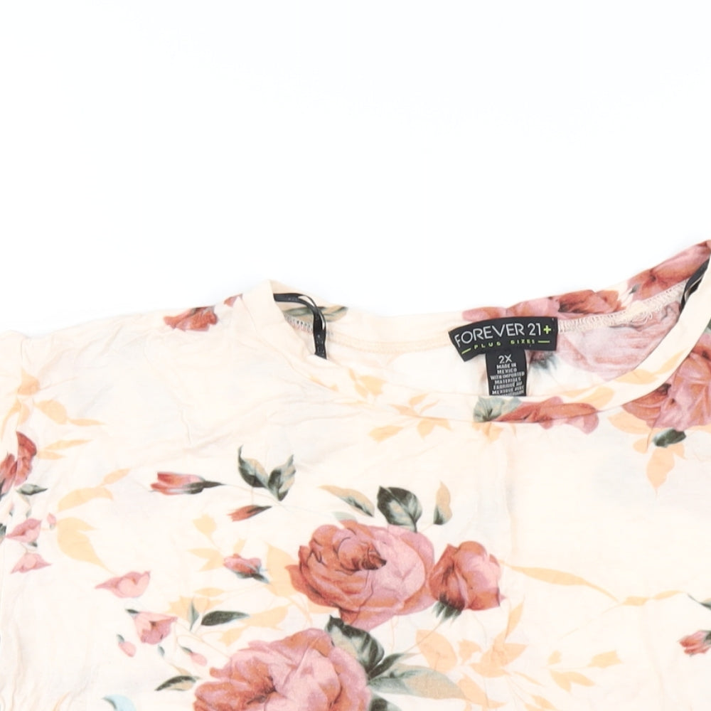 FOREVER 21 Womens Pink Floral Viscose Basic T-Shirt Size 2XL Round Neck
