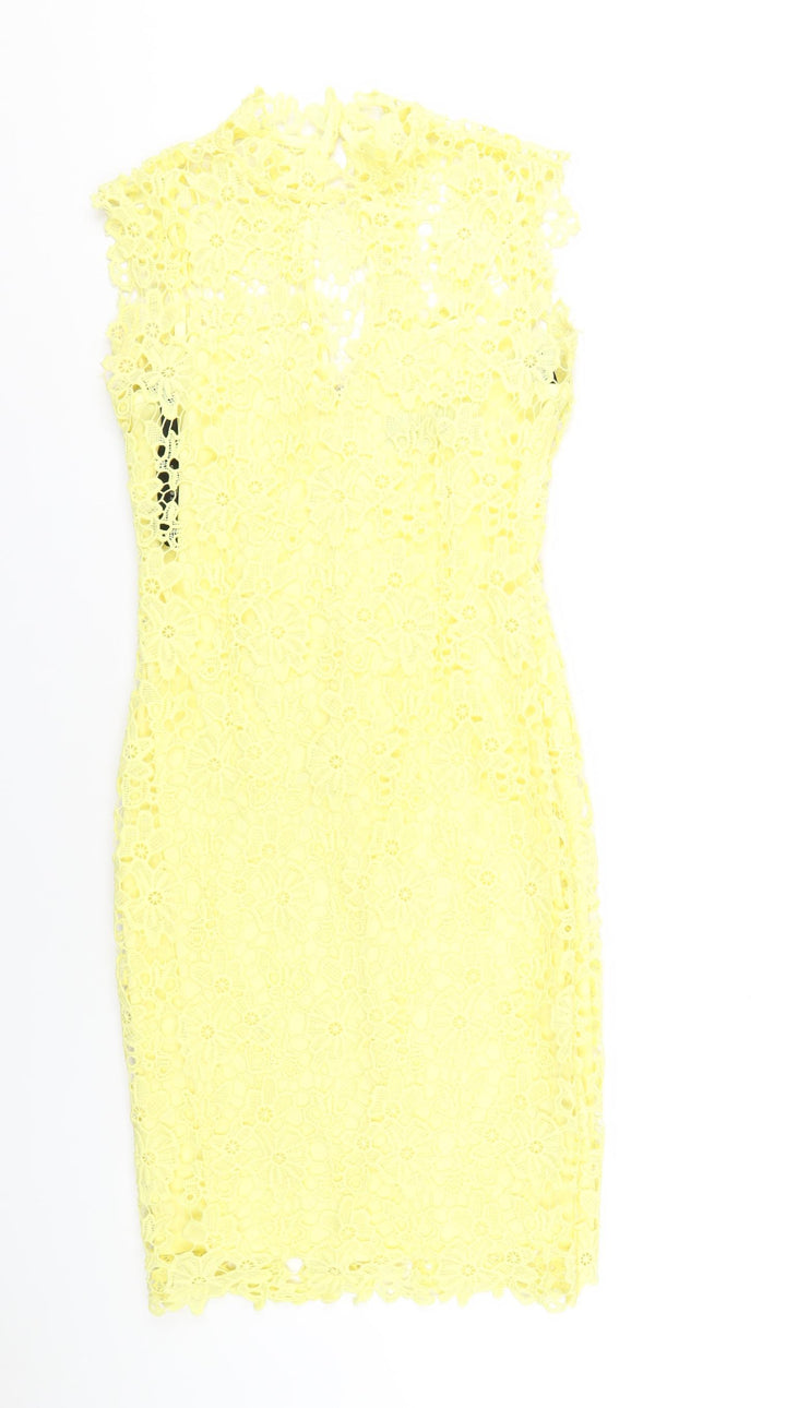 Paper Doll Productions Womens Yellow Polyester Bodycon Size 8 Mock Neck Zip