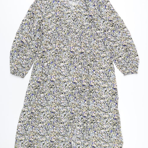 Marks and Spencer Womens Multicoloured Floral Viscose A-Line Size 12 V-Neck Button