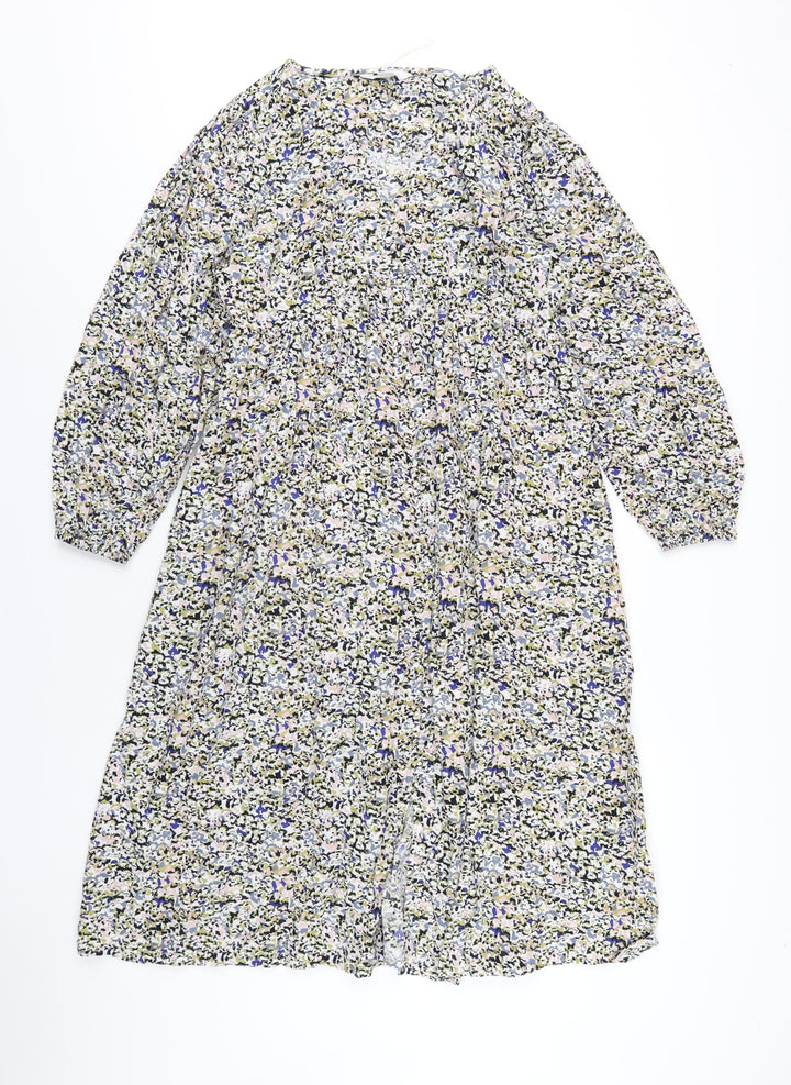 Marks and Spencer Womens Multicoloured Floral Viscose A-Line Size 12 V-Neck Button