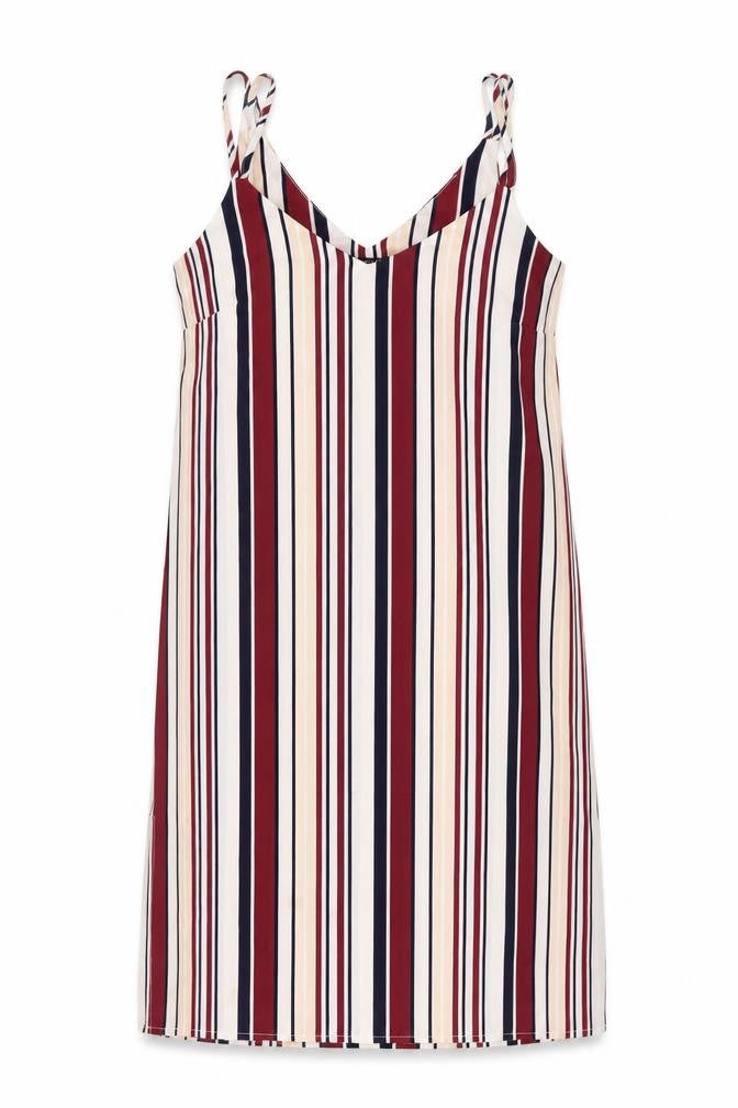 Front view of New Look women’s multicoloured striped polyester a-line, size UK 10, v-neck pullover