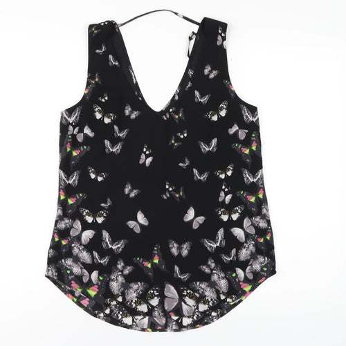 Oasis Womens Black Geometric Polyester Basic Tank Size 10 V-Neck - Butterfly Print