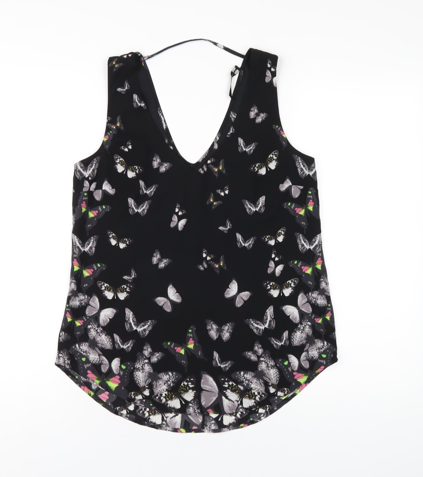 Oasis Womens Black Geometric Polyester Basic Tank Size 10 V-Neck - Butterfly Print