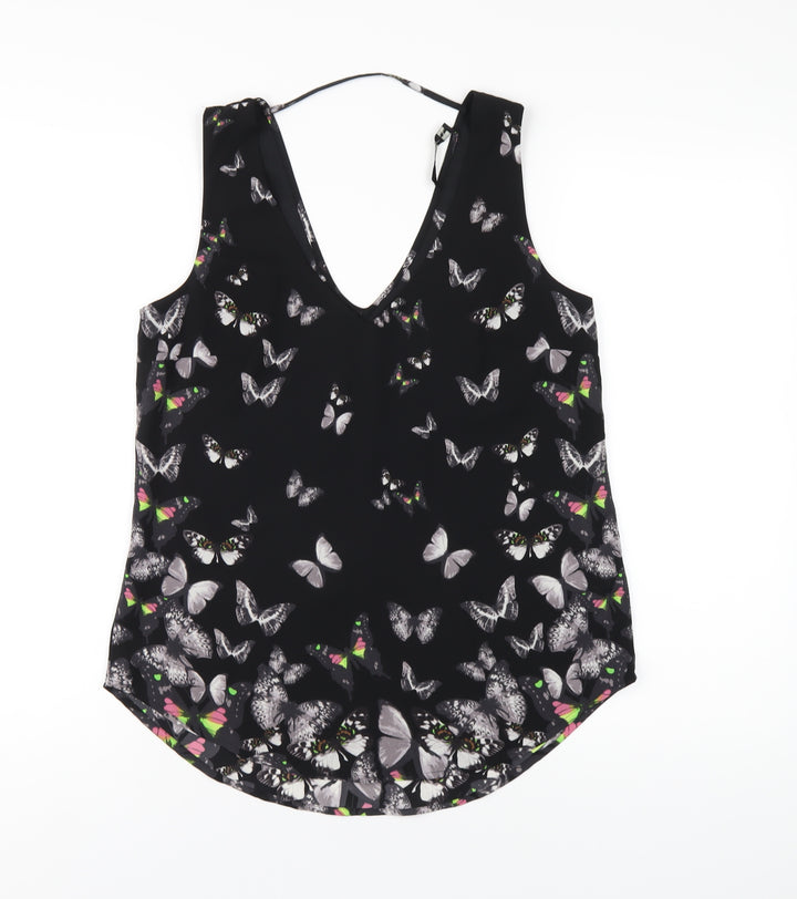 Oasis Womens Black Geometric Polyester Basic Tank Size 10 V-Neck - Butterfly Print