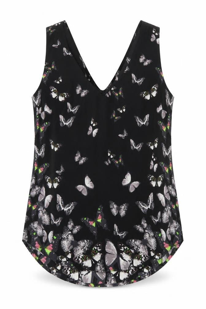 Front view of Oasis women’s black geometric polyester basic tank, size UK 10, v-neck - butterfly print